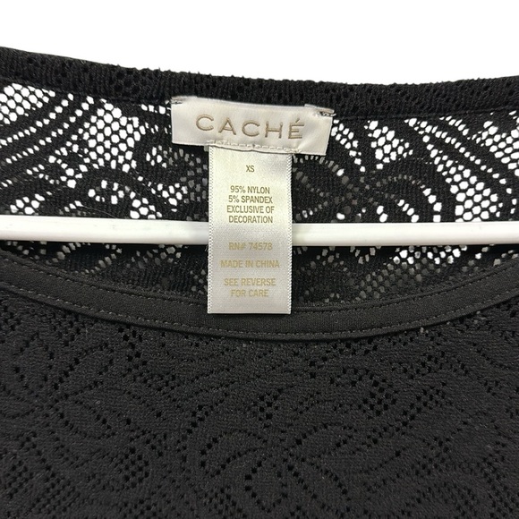 Cache Black Lace 3 Quarter Sleeve Sheer Stretch Cut Out Pullover Top Womens XS - Picture 7 of 8